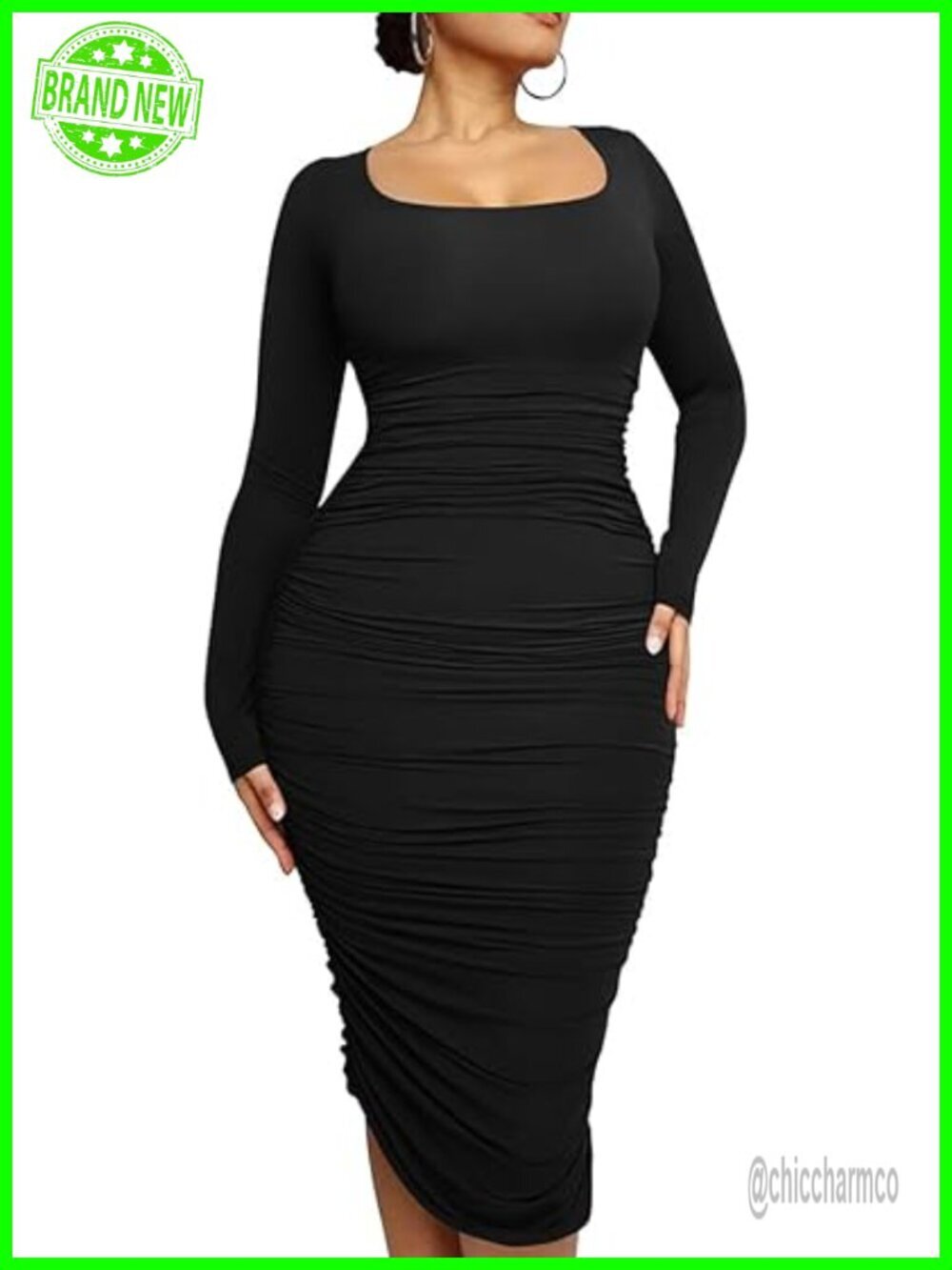 Plus Size Sexy Bodycon Long Sleeve Scoop Neck Ruched Midi Party Dress